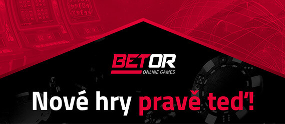 Černě červený reklamní banner pro online herní platformu BETOR s textem 'Nové hry právě teď!'. Logo BETOR je umístěno v horní části a design obsahuje abstraktní geometrické prvky a siluety kasinových her na tmavém pozadí, což naznačuje vzrušení z nově přidaných her.